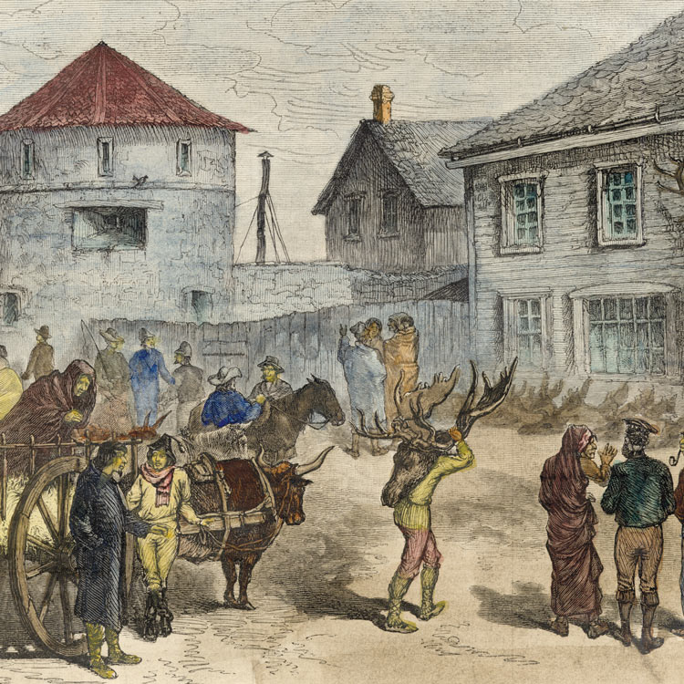 Traders at Fort Garry carry various items in a painting by W.H. Rogers