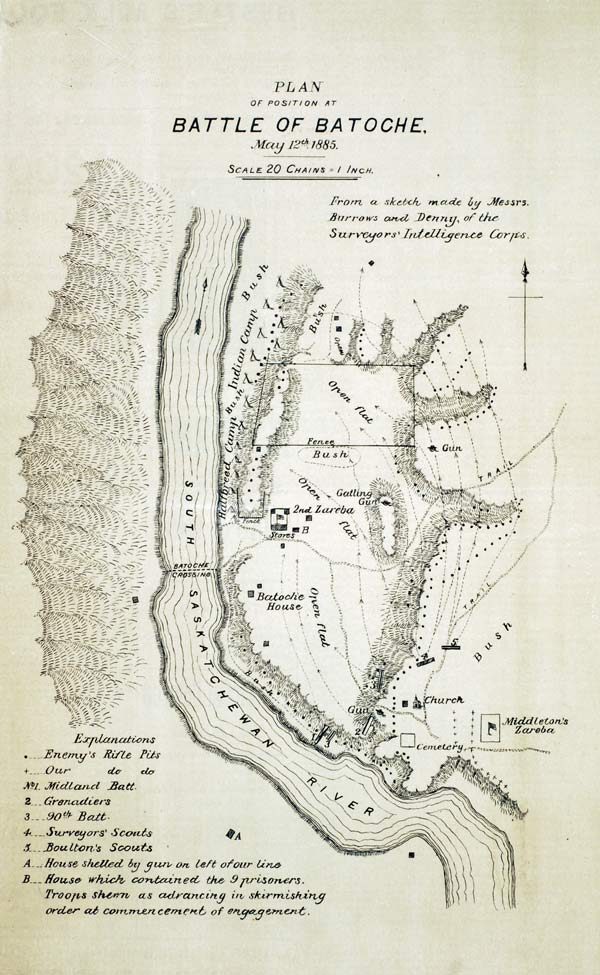 Plan of position at the Battle of Batoche from The Canadian Pictorial & Illustrated War News .