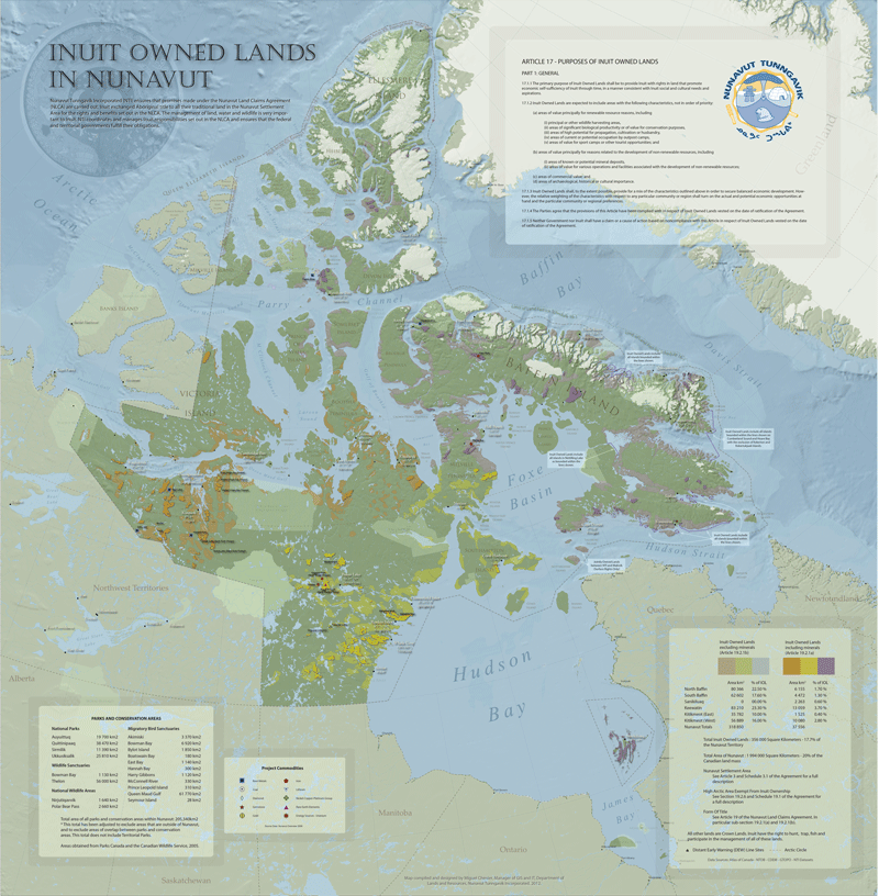 A map highlighting the Inuit owned land in Nunavut