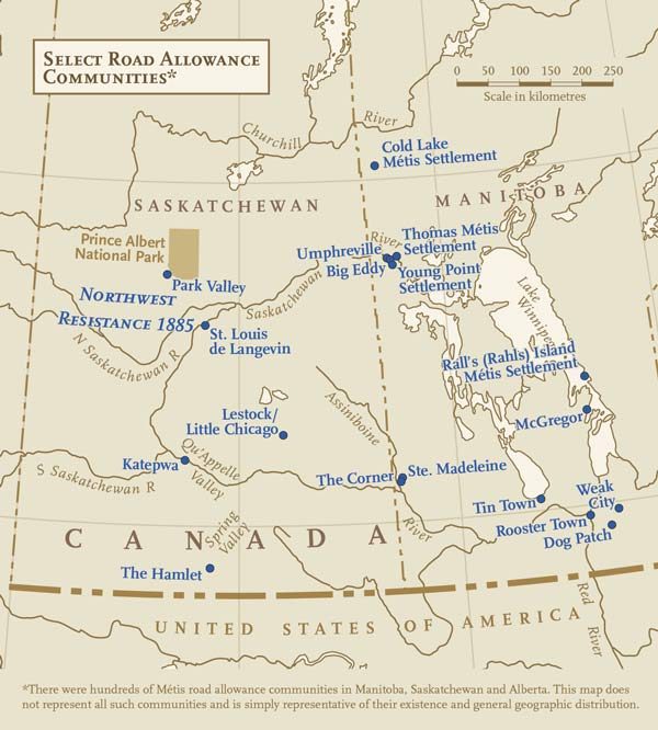 A map detailing select road allowance communities