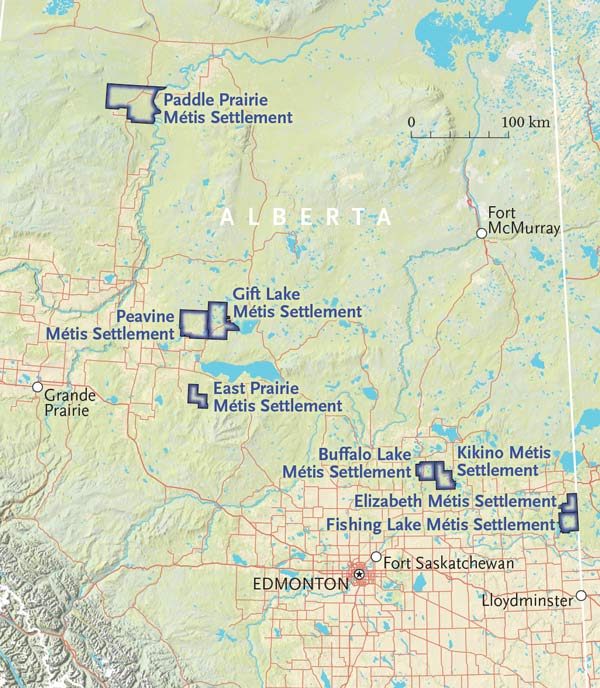 Map of modern-day Alberta Métis settlements.