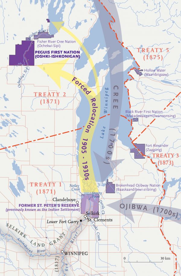 Illustrated map showing Lake Winnepeg with Treaties 1, 2, 3, and 5 with the Cree migration from the south
