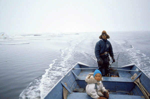 Inuit man and his son hunting geese and seals near Herschel Island, Inuvialuit.