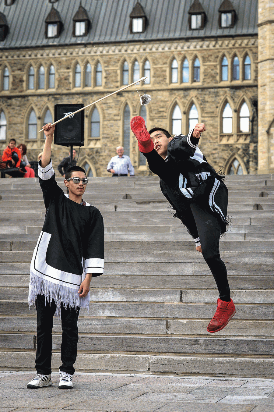 Nunavut Sivuniqsavut students Bertrum Elatiak and Marcus Kokak demonstrate the high kick at an event on Parliament Hill.