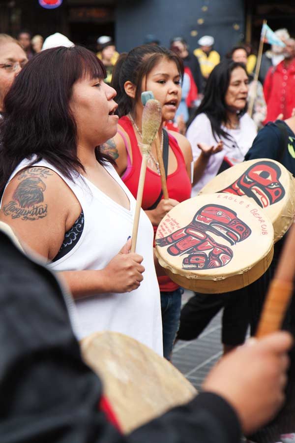 Several people participate in a march
