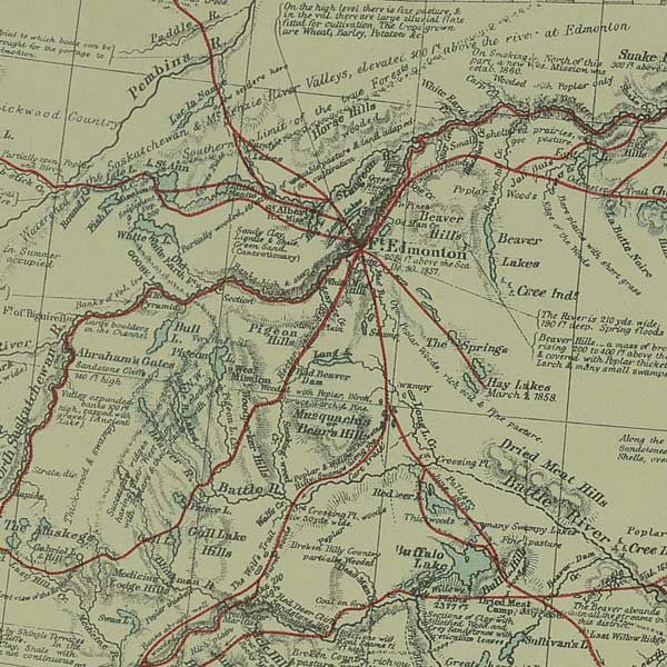 Irish geographer John Palliser’s 1865 map of Western Canada that includes the name “Musquachis.” The Alberta town Hobbema reverted to this name in 2014.