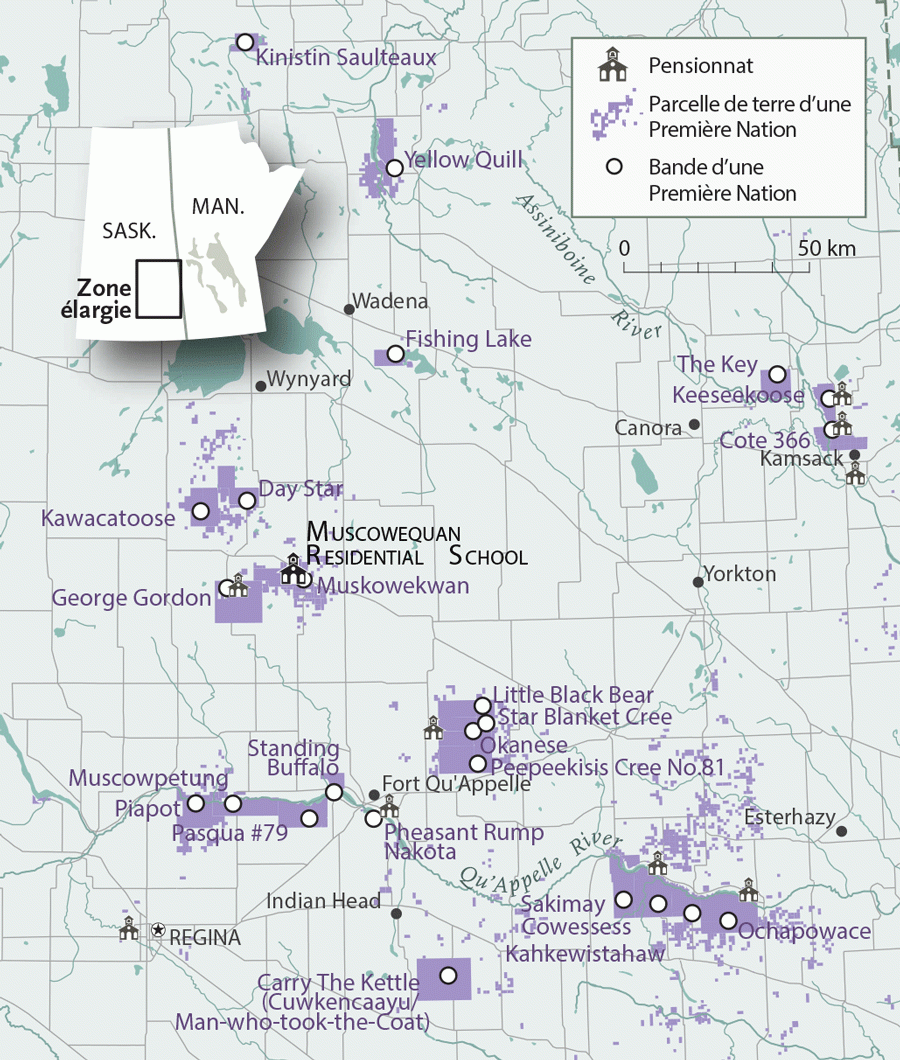 coloured map of Saskatchewan with labelled cities/towns and schools