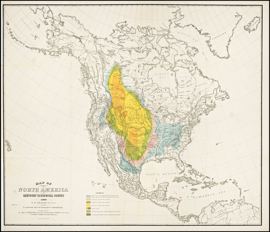 coloured map of regions where bison were hunted in North America
