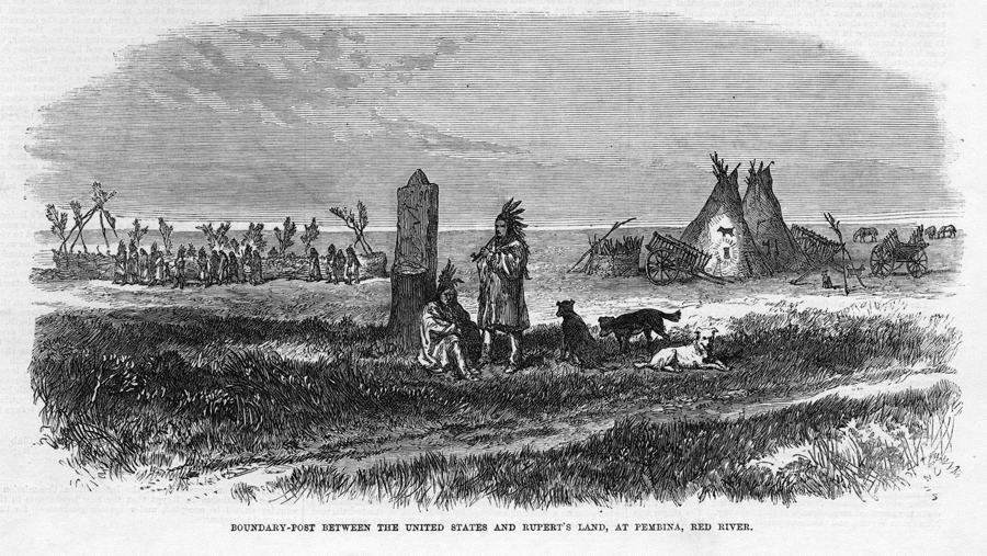 black and white image of men gathered and hunts in the background