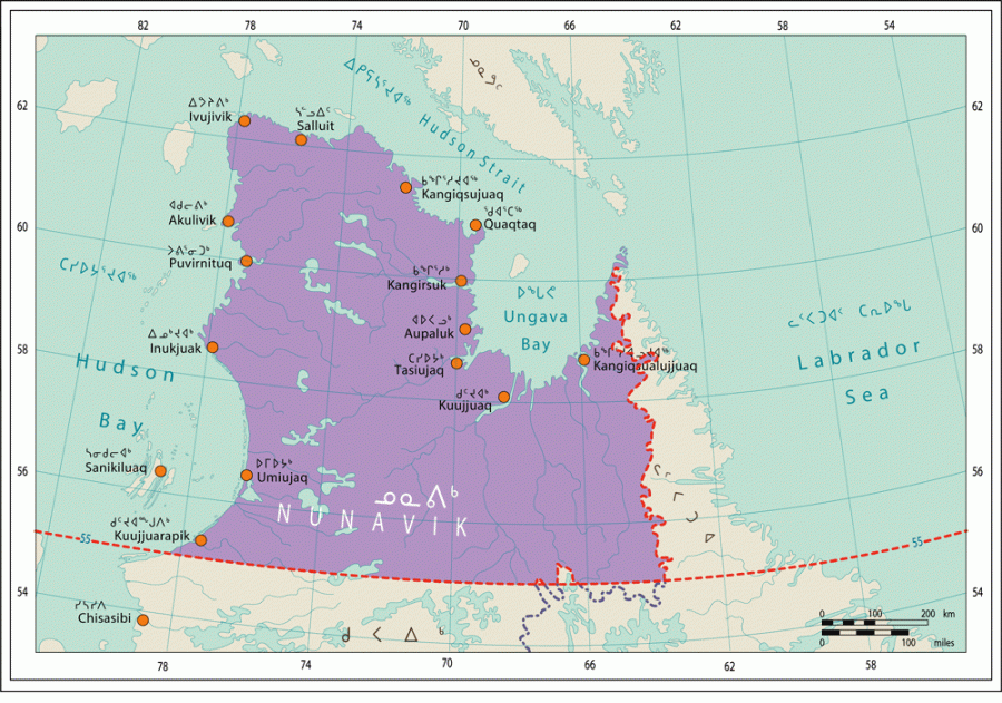 Coloured map showing the land in northern Nunavik