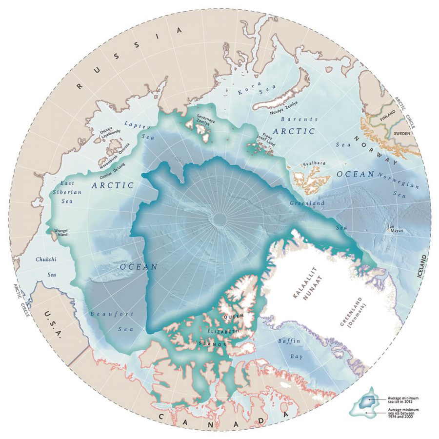 Illustrated map showing the top of earth and the ice of the Artic