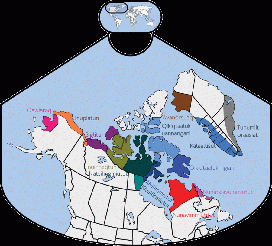 Coloured map showing Inuit Language writing systems