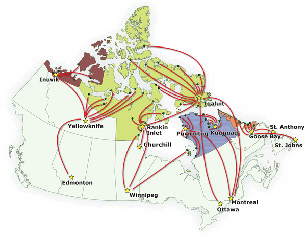 Coloured map showing traffic routes of northern Canada to reach health services.
